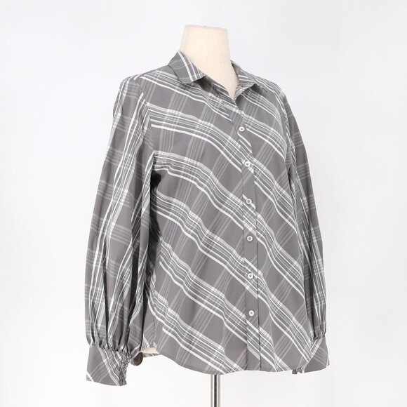 CHICO'S Poplin Billow Sleeve Gray Plaid Button Front Shirt Size 2 (US 12) - Picture 4 of 8